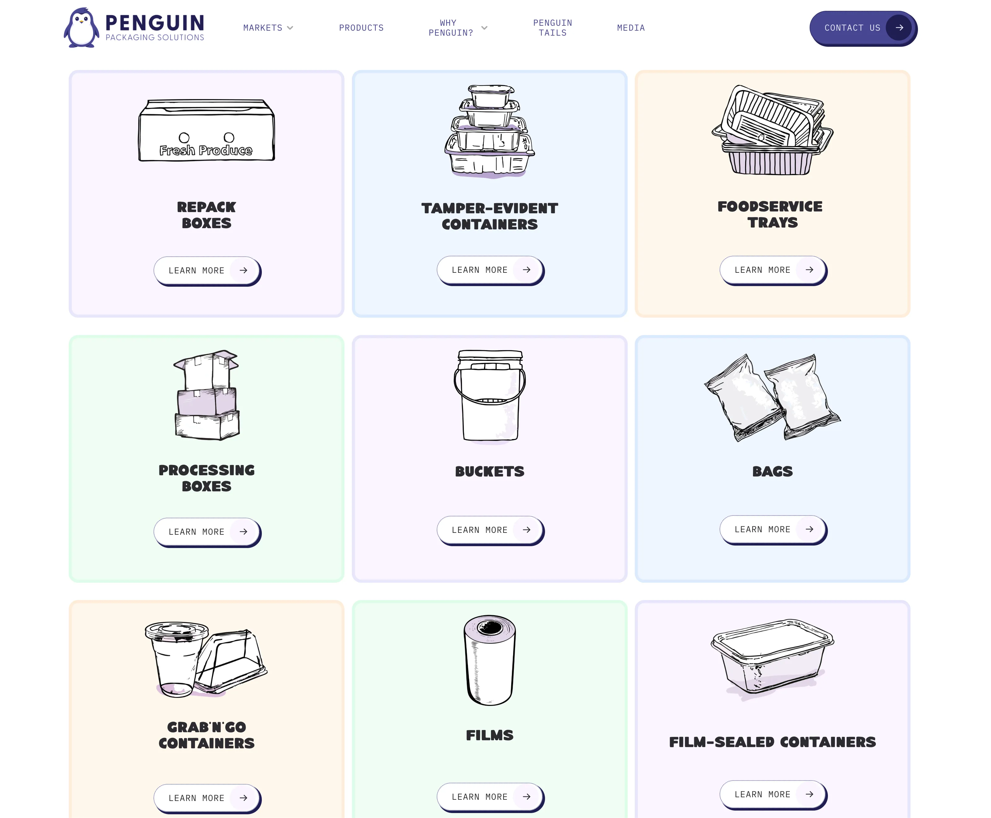 Penguin packaging product catalog with illustrated product cards