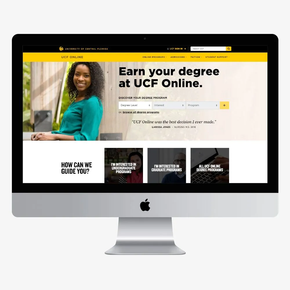 Redesigned UCF Online homepage displayed on an iMac