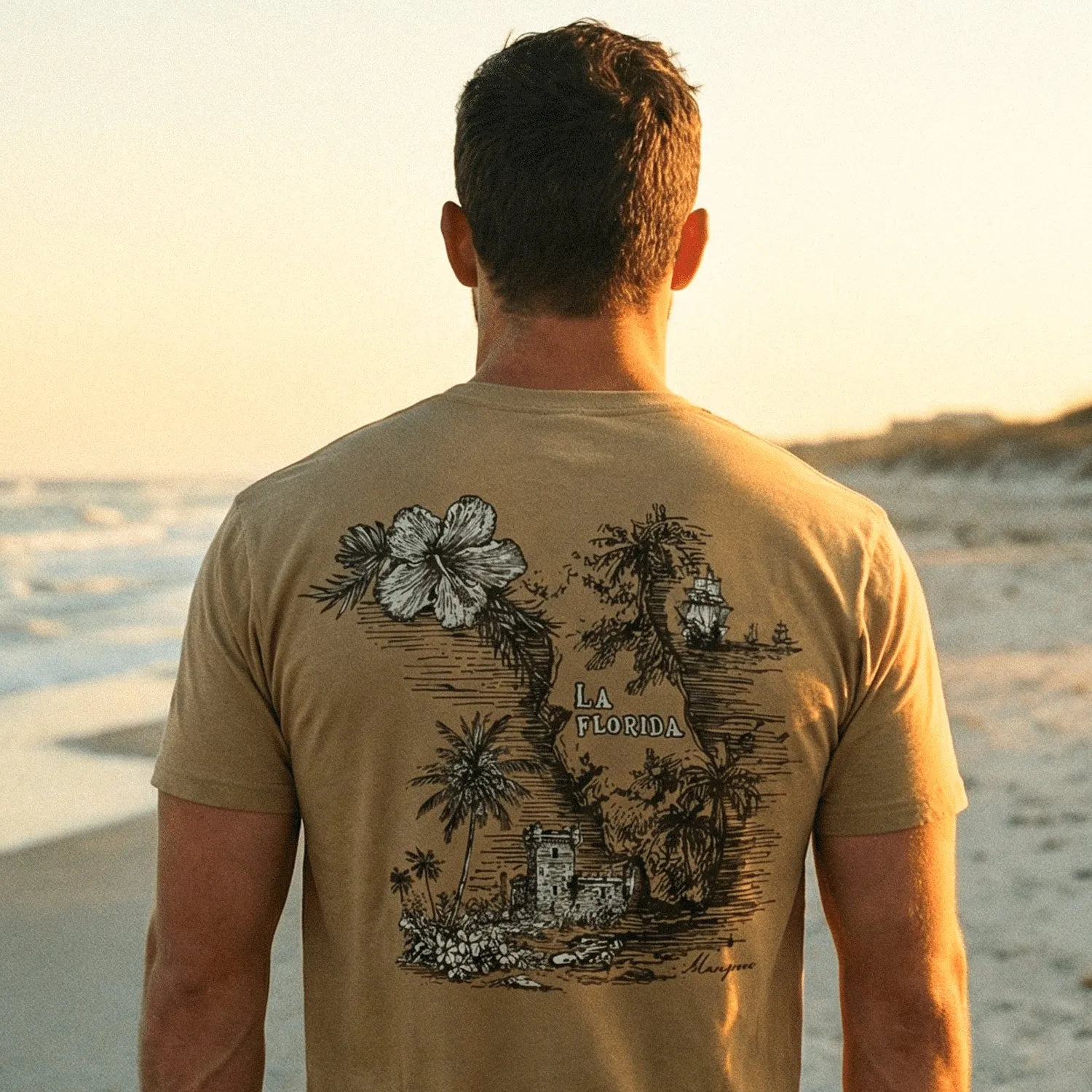 Florida illustration printed on a sand-colored shirt