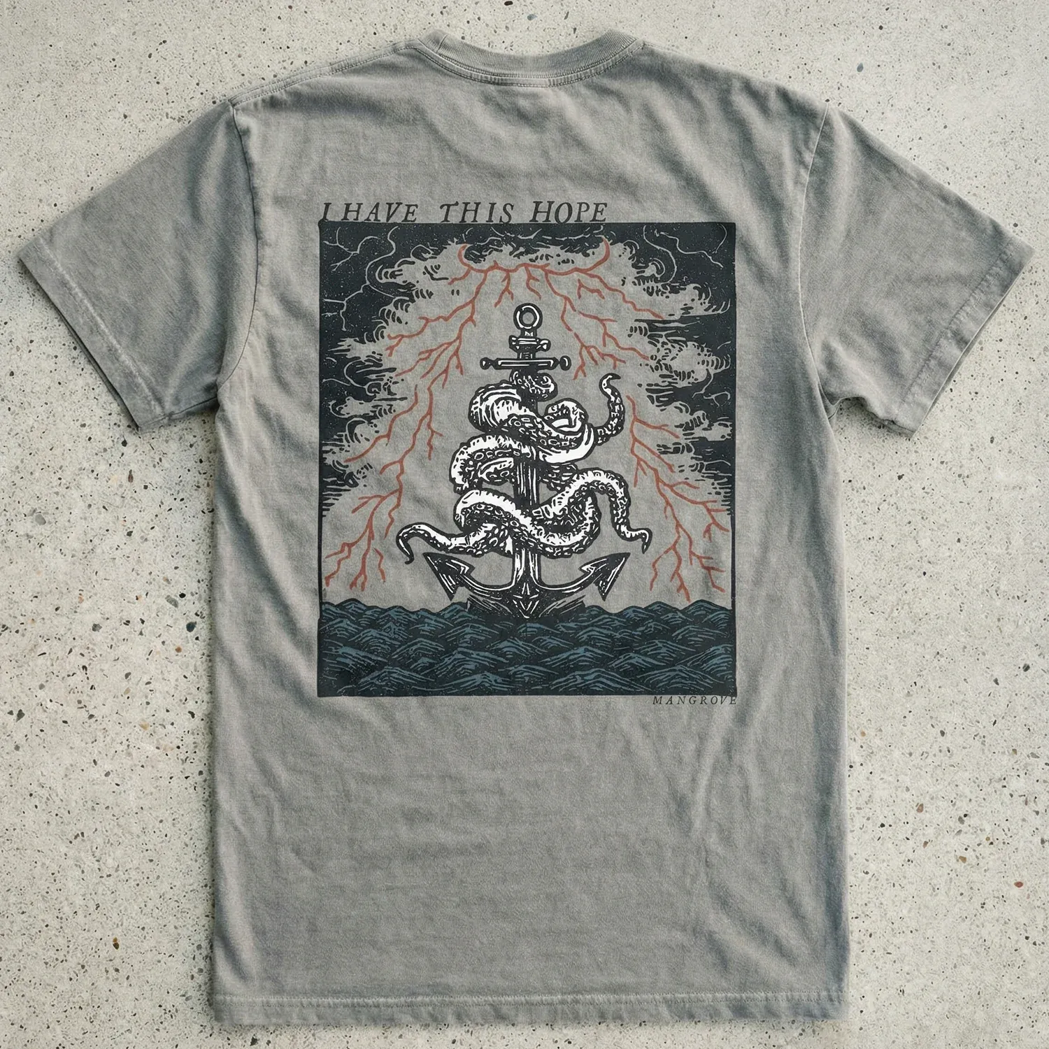Hope collection anchor and octopus illustration on a gray shirt